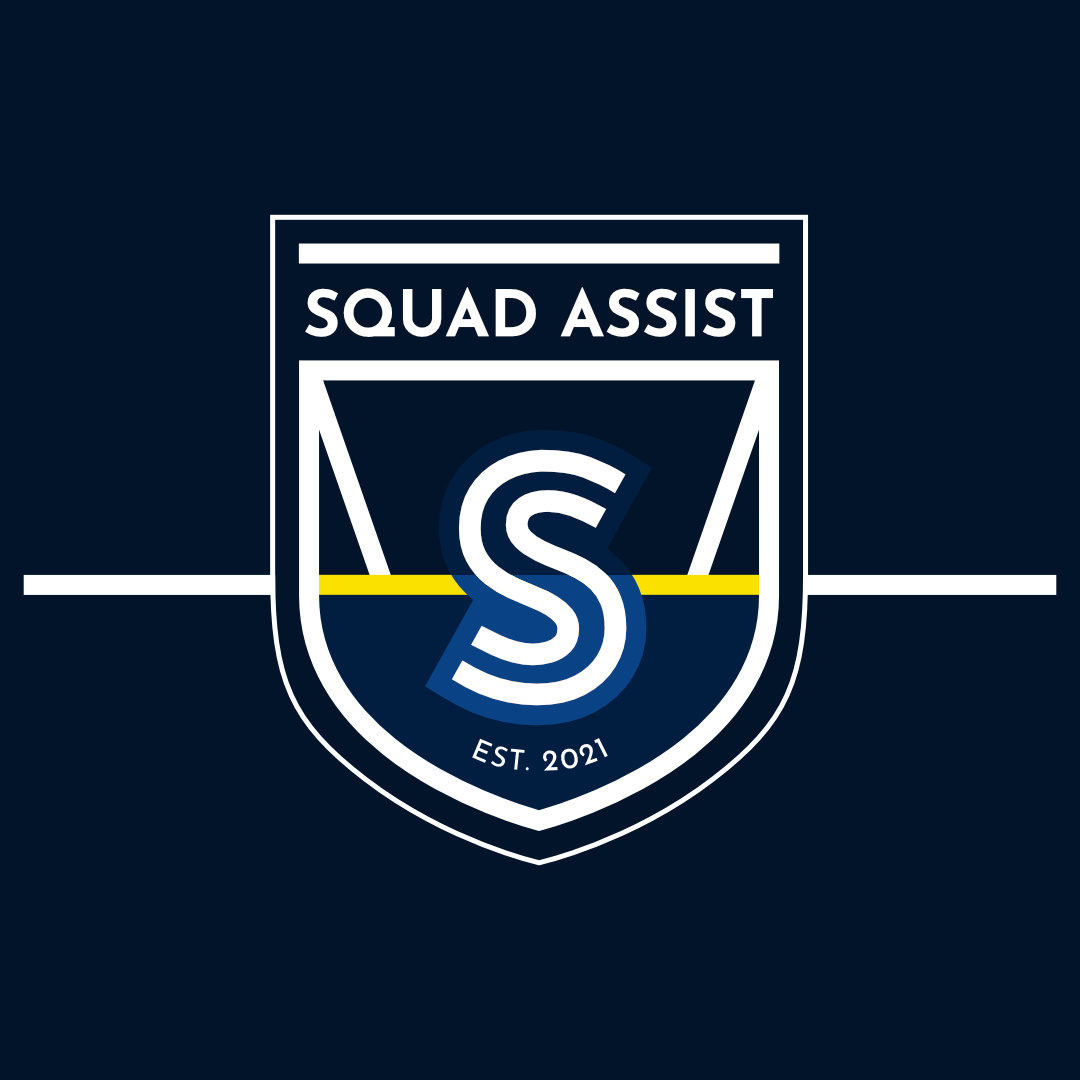 Squad Assist company crest featuring a letter S inside a football goal and area making a shield shape. The text reads Squad Assist est. 2021.